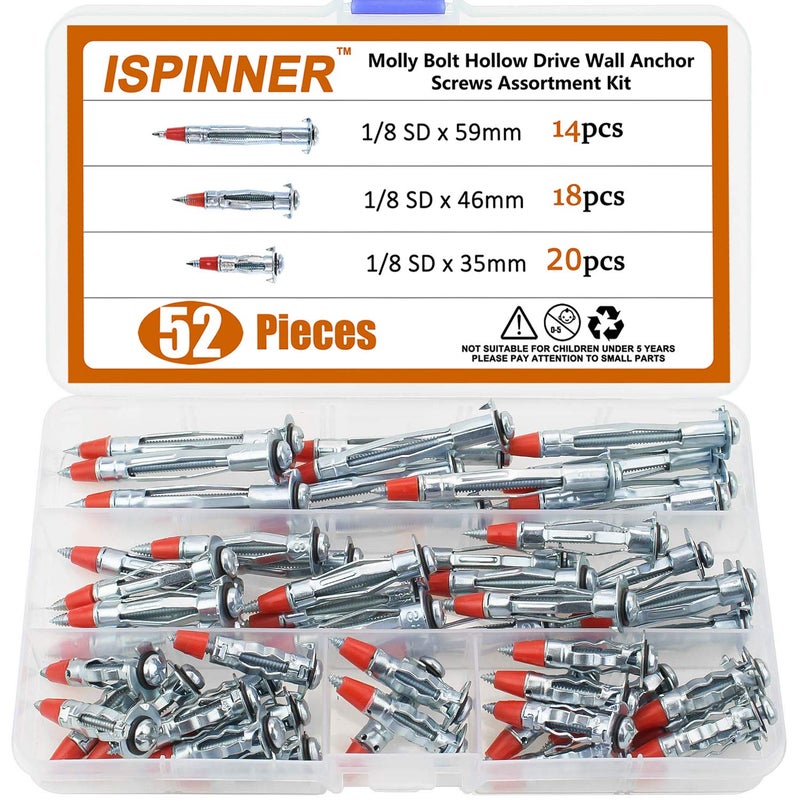 ISPINNER 52pcs Zinc Plated Steel Hollow Wall Drive Anchor Screws Assortment Kit for Drywall 35mm 46mm 59mm - Image 1